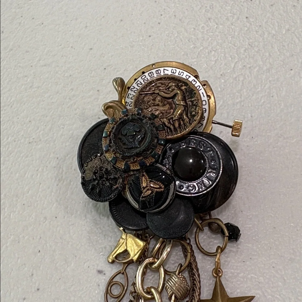 Vintage Glass & Metal Button Brooch with charms—BEAUTIFUL! Glass Beads—Artisan